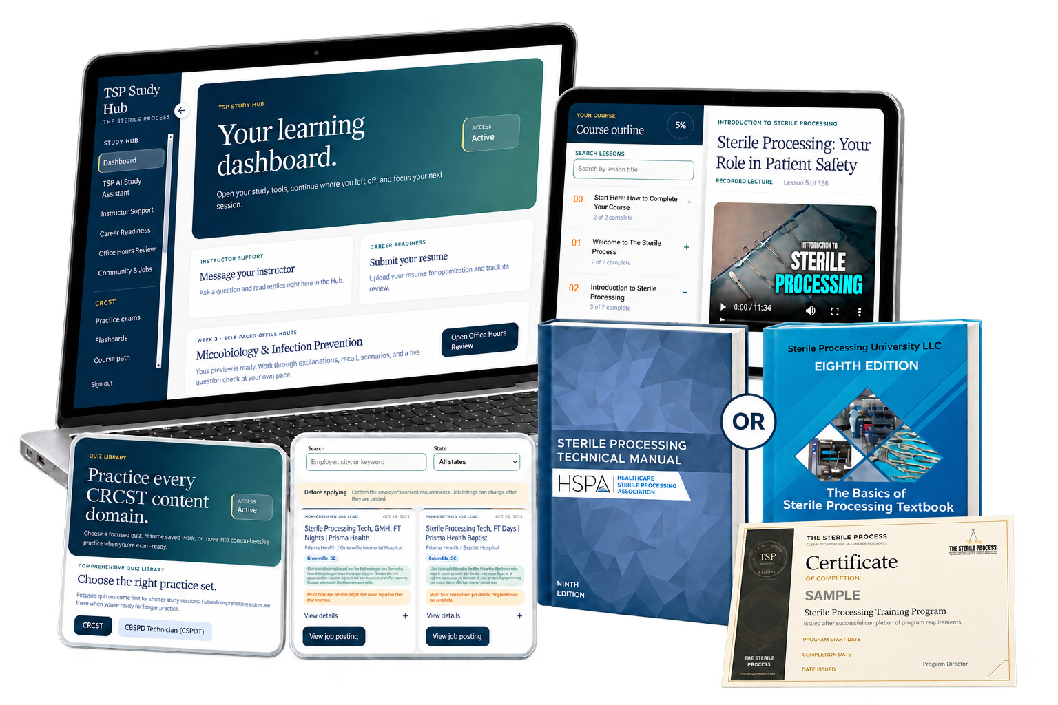 Self-paced program preview showing digital learning tools, a choice of pathway textbook, and a sample certificate issued after successful completion of program requirements