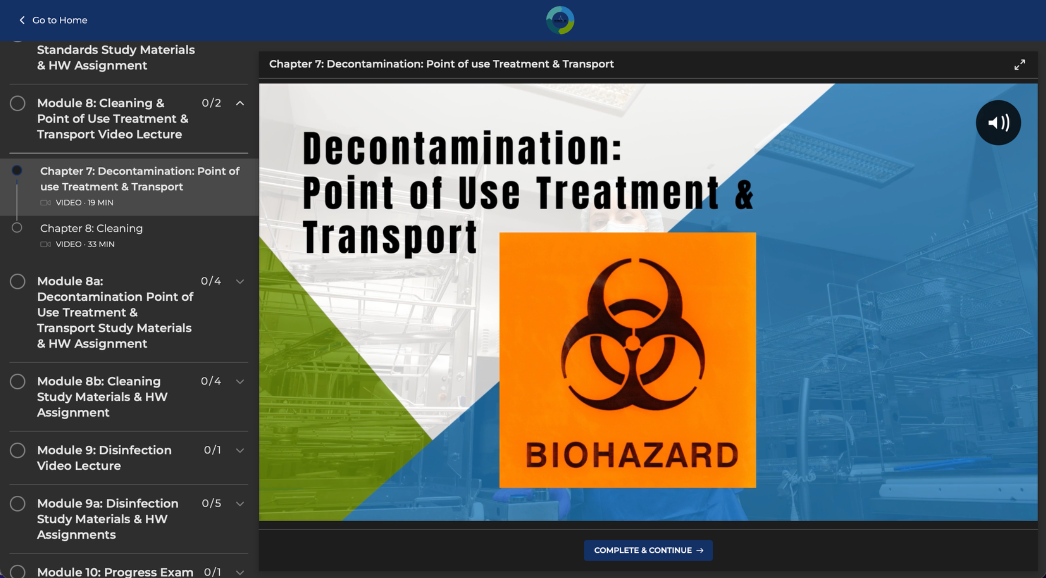 Student dashboard preview showing a decontamination video lecture and module navigation.